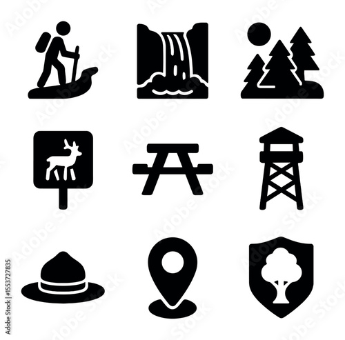 National Park Icons. Solid, filled icons set of national parks: hiking trail, waterfall, forest view, wildlife