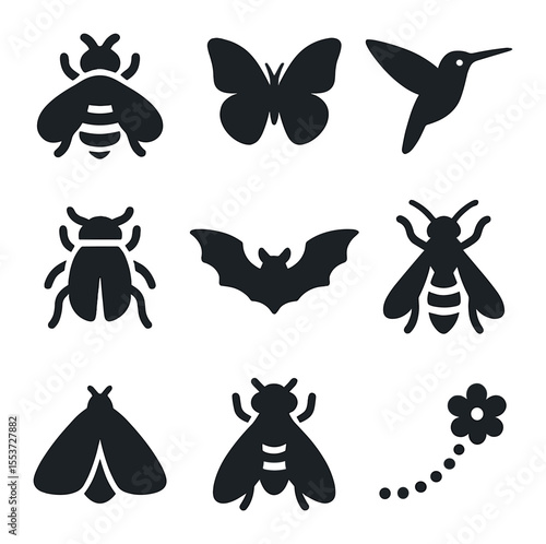 Pollinator Icons Grid. Solid, filled icons set of pollinators: bee, butterfly, hummingbird, beetle, bat, wasp,