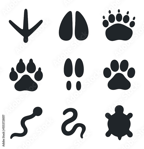 Wildlife Track Icons. Solid, filled icons set of wildlife footprints: bird claw, deer hoof, bear paw, dog