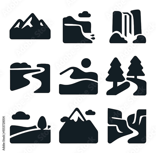 Scenic Icon Grid. Solid, filled icons set of scenic views: mountain ridge, coastal cliff, waterfall, river