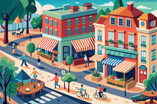 Vibrant downtown area bustling with people enjoying activities and shops during a sunny day