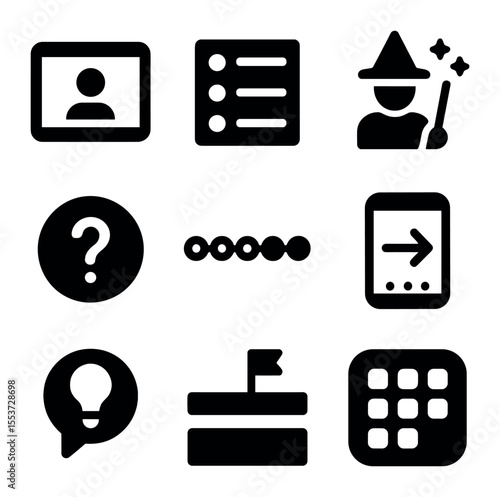 Digital Adoption Icons. Solid, filled icons set of digital adoption: user screen, tutorial steps, setup wizard