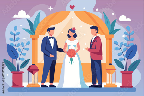 Wedding ceremony with bride and groomsmen under elegant canopy during daytime celebration