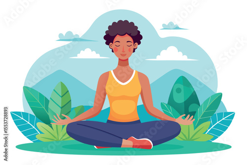 Meditation practice in a serene outdoor setting surrounded by nature and mountains during a sunny day