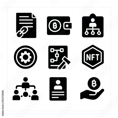 Blockchain Employment Icons. Solid, filled icons set of blockchain employment: smart contract, crypto wallet,