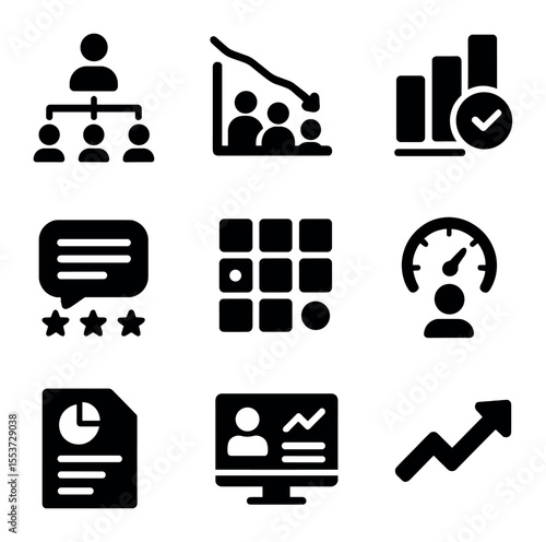 Workforce Analytics Icons. Solid, filled icons set of workforce analytics: employee chart, attrition graph,
