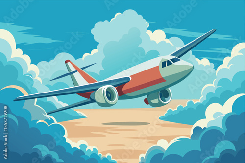 Colorful airplane soaring above clouds in a bright sky during daylight hours
