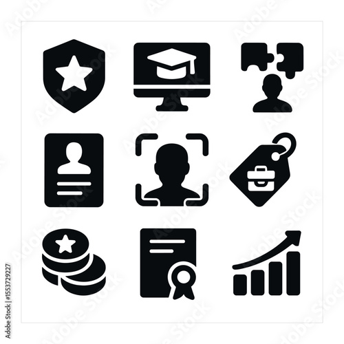 Skills Economy Icons. Solid, filled icons set of skills economy: badge icon, learning hub, gig match, resume