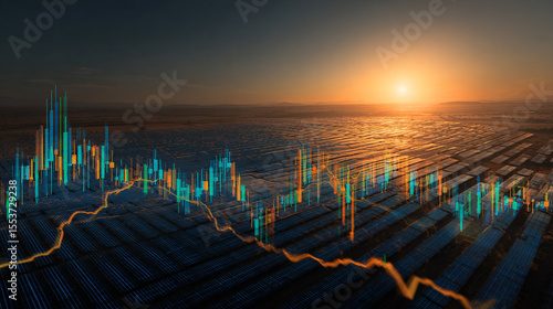 Solar Energy Investment Growth Chart & Sunset Aerial View