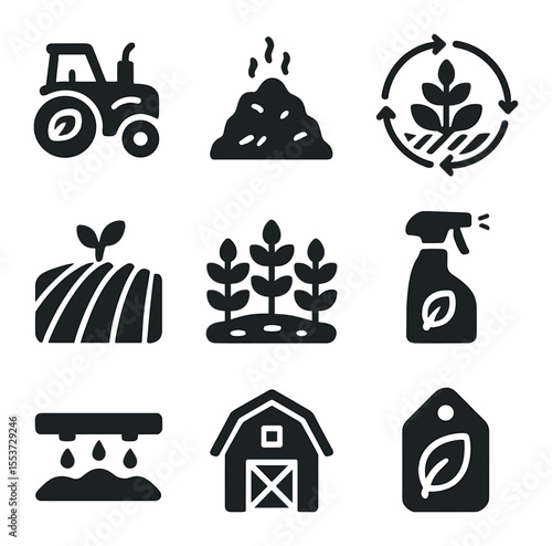 Sustainable Farming Icons. Solid, filled icons set of sustainable farming: eco tractor, compost pile, crop