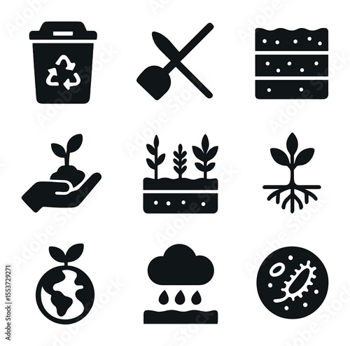Regenerative Agriculture Icons. Solid, filled icons set of regenerative agriculture: compost bin, no till icon