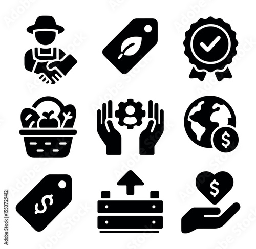Fair Trade Icons. Solid, filled icons set of fair trade food: farmer handshake, ethical tag, certification