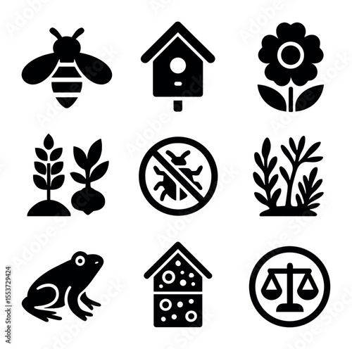 Farm Biodiversity Icons. Solid, filled icons set of farm biodiversity: bee icon, birdhouse, wildflower, mixed