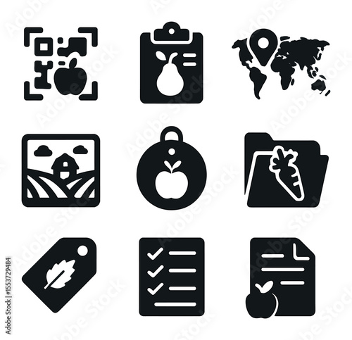 Modern Food Icons Grid. Solid, filled icons set of food transparency: QR scan, food log, origin map, farm