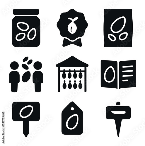 Seed Saving Icons. Solid, filled icons set of seed saving: seed jar, heirloom icon, packet, drying rack, swap