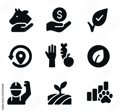 Ethical Food Icons. Solid, filled icons set of ethical food production: animal care, fair pay, sustainability