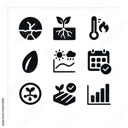 Climate-Resilient Crops Icons. Solid, filled icons set of climate-resilient crops: drought symbol, root depth,