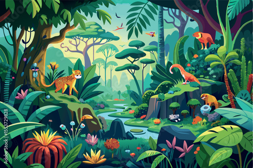 Lush jungle landscape with diverse wildlife and serene waterway at dawn