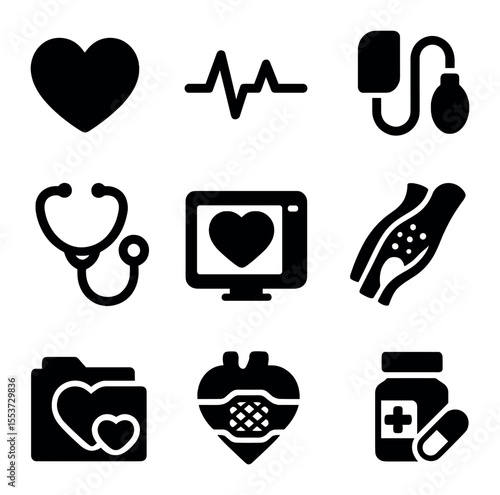 Cardiology Icon Set. Solid, filled icons set of cardiologists: heart icon, EKG line, blood pressure cuff,