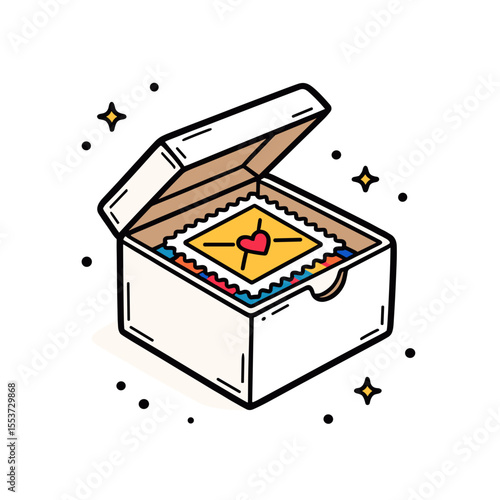 Open Box Full of Love Letters with Heart Illustration in Cartoon Style, Romantic Correspondence and Memories