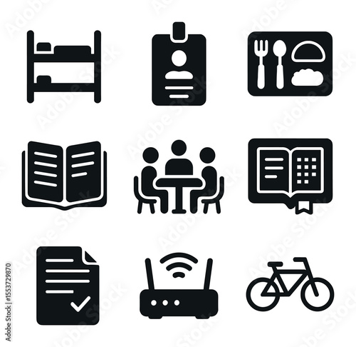 Student Life Icons. Solid, filled icons set of student life: dorm bed, ID badge, meal tray, lecture notes,