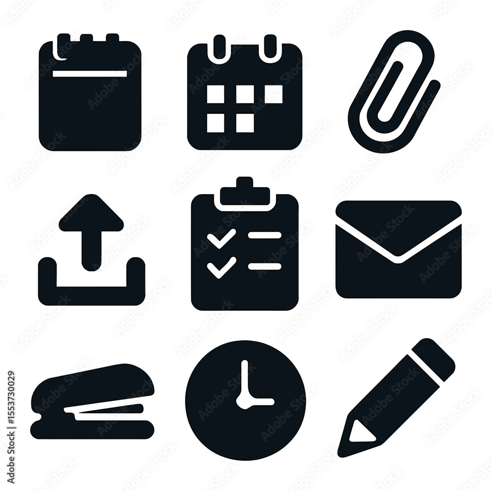 Homework Icons Grid. Solid, filled icons set of homework and assignments: notepad, calendar, paperclip, pencil Homework Icons Grid. Solid, filled icons set of homework and assignments: notepad, calendar, paperclip, pencil