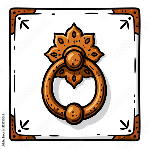 Ornate Bronze Door Knocker with Floral Design on a Decorative Tile Illustration