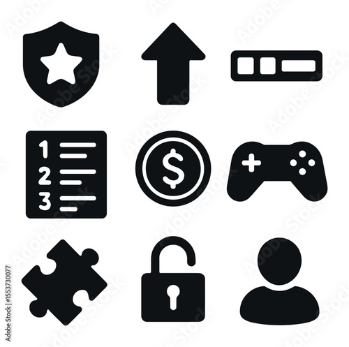 Educational Icons Grid. Solid, filled icons set of educational gamification: achievement badge, level up arrow