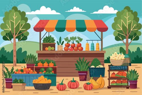 Colorful farmers market with fresh produce and vibrant stalls under a sunny sky