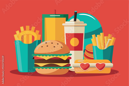 Fast food feast featuring burgers, fries, and drinks on a vibrant red background