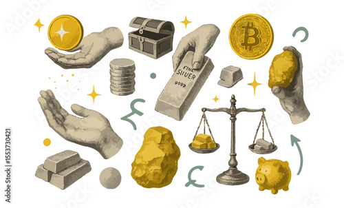 gold silver and crypto wealth icons in vintage vector style