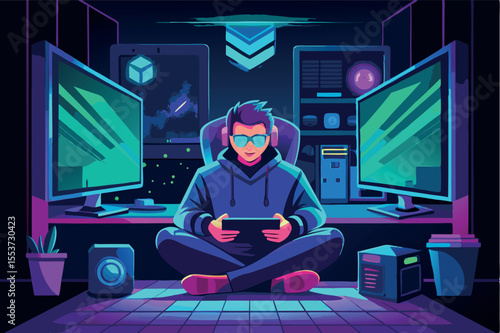 Gamer immersed in virtual world with high-tech setup in dimly lit room at night enjoying gaming session
