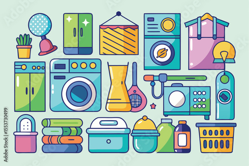 Laundry vector illustrations showcase a diverse collection of colorfully designed household items for washing and cleaning that enhance everyday laundry activities