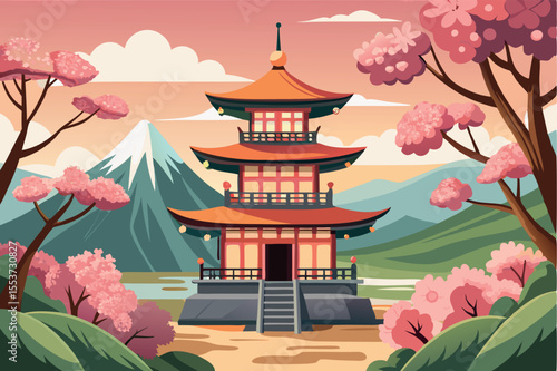 Colorful pagoda surrounded by cherry blossoms with a mountain backdrop at sunset