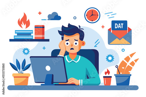 Burnout concept illustration showing a cartoon man feeling stressed while working at a desk with a computer and various items around representing work-related pressure