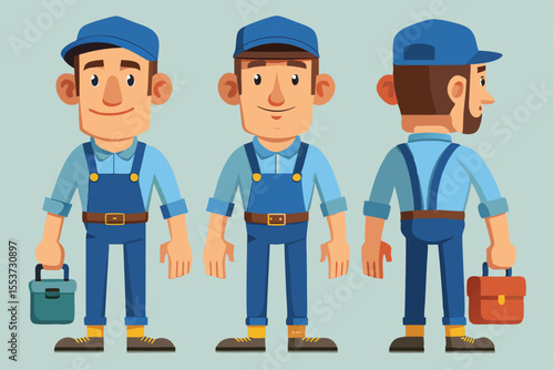 Handyman repair worker plumber in uniform with tools showcased from multiple angles, ready for any home maintenance task in a simple setting