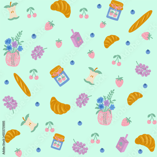 Seamless pastel breakfast pattern with fruits, bakery and jam on transparent background