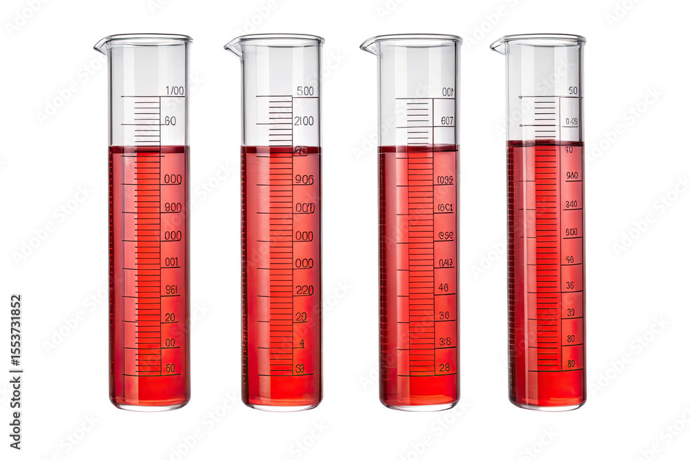 Four laboratory beakers filled with red liquid isolated on transparent background Four laboratory beakers filled with red liquid isolated on transparent background