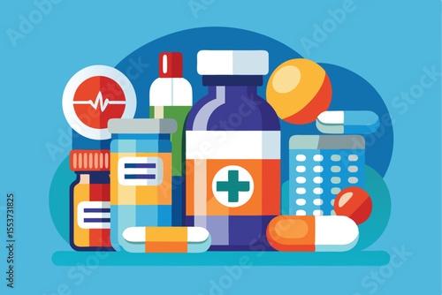 Various medicine bottles and pharmaceutical care items arranged on a blue background showcasing the essentials of healthcare and medication management