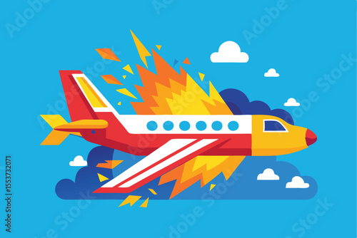 Plane crash concept in vibrant flat vector style showing an aircraft experiencing an explosion in the sky with clouds and bright colors highlighting the dramatic scene