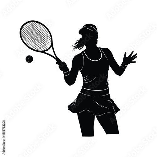 Silhouette of Female Tennis Player Serving a Ball Black and White Vector Illustration