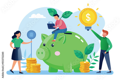 Flat illustration of employees engaged in financial planning with a green piggy bank surrounded by coins and ideas during a bright, creative day in the office space