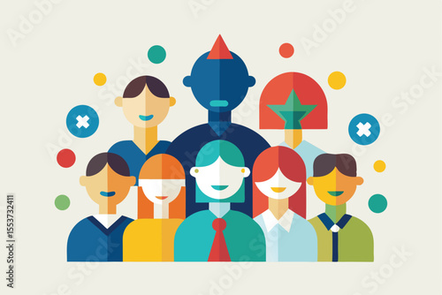 Diverse flat geometric figures representing a community coming together in unity and collaboration around a central theme