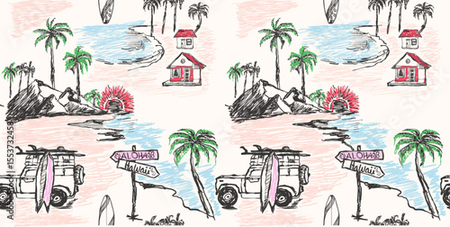 palm tree pattern design. t shirt summer design.  summer tropical print design. line drawing art. hand drawn palm Leaves background.