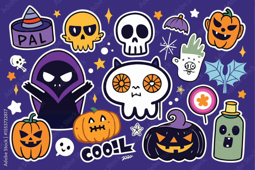 Cool Halloween stickers featuring pumpkins, ghosts, skulls, and playful autumn-themed characters for festive decoration Cool Halloween stickers featuring pumpkins, ghosts, skulls, and playful autumn-themed characters for festive decoration