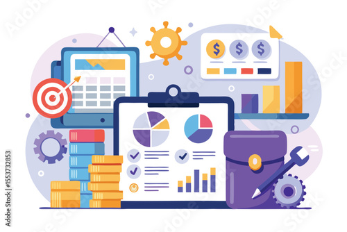 Business budget plan flat illustration showcases essential tools and documents for effective financial management and planning in a modern office environment