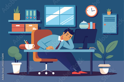 Man falls asleep at office desk during work hours in a bright and organized workspace with plants and a clock