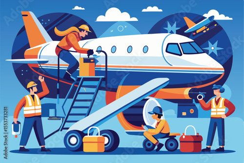 Mechanics performing essential repairs on an airplane on the tarmac before a scheduled flight for passenger safety and efficiency
