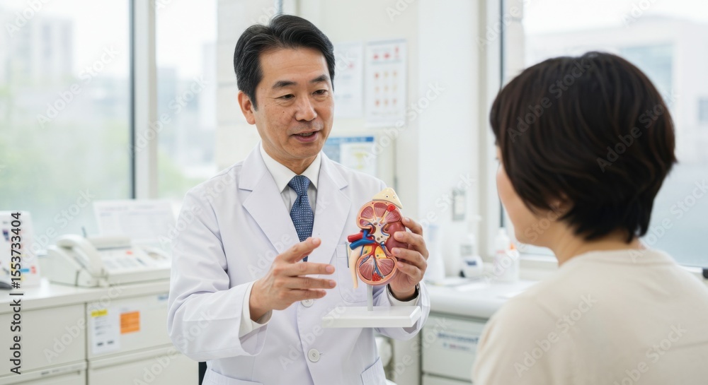 Obraz premium Nephrology Care: Doctors consult patients on kidney health with anatomical models. Montage of healthcare & renal disease awareness images.