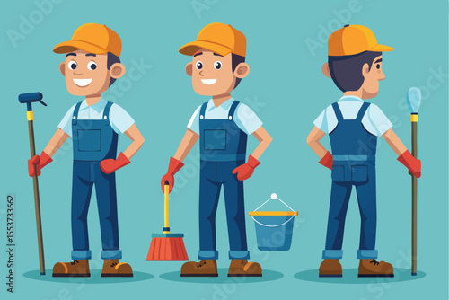 Janitor worker cleaner in uniform holding a mop, broom, and bucket ready to maintain cleanliness in a facility